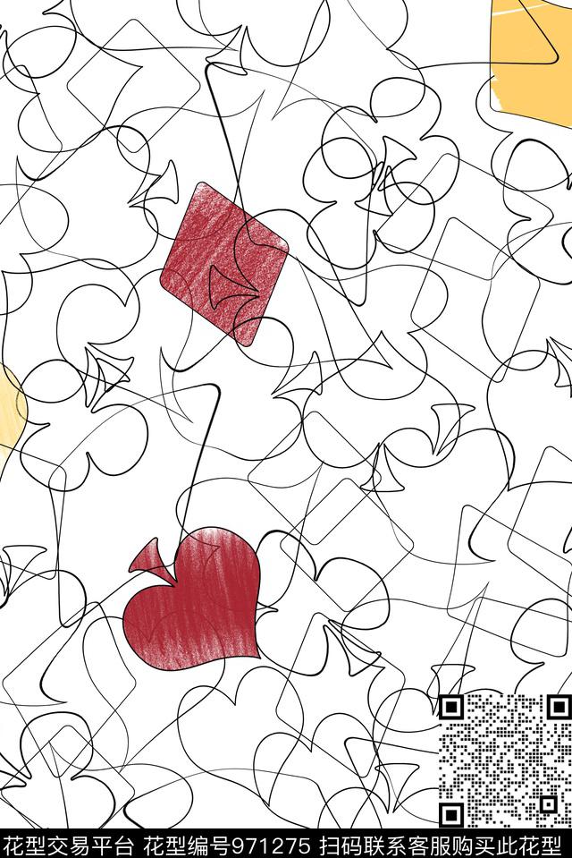 几何扑克线条画传统印花华亿平台下载（图片编号: 971275） - 瓦栏（Walan）