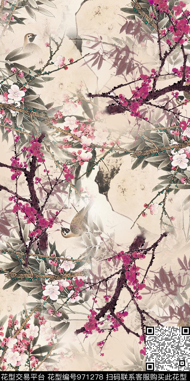 手绘花卉花鸟中国风数码印花华亿平台下载（图片编号: 971278） - 瓦栏（Walan）