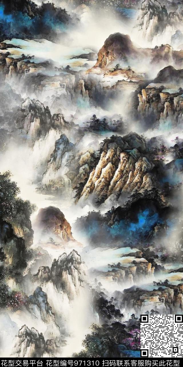风景景观水墨风国画数码印花华亿平台下载（图片编号: 971310） - 瓦栏（Walan）
