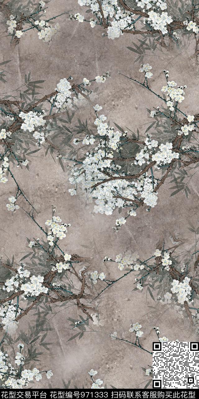 梅花抽象花卉复古数码印花华亿平台下载（图片编号: 971333） - 瓦栏（Walan）