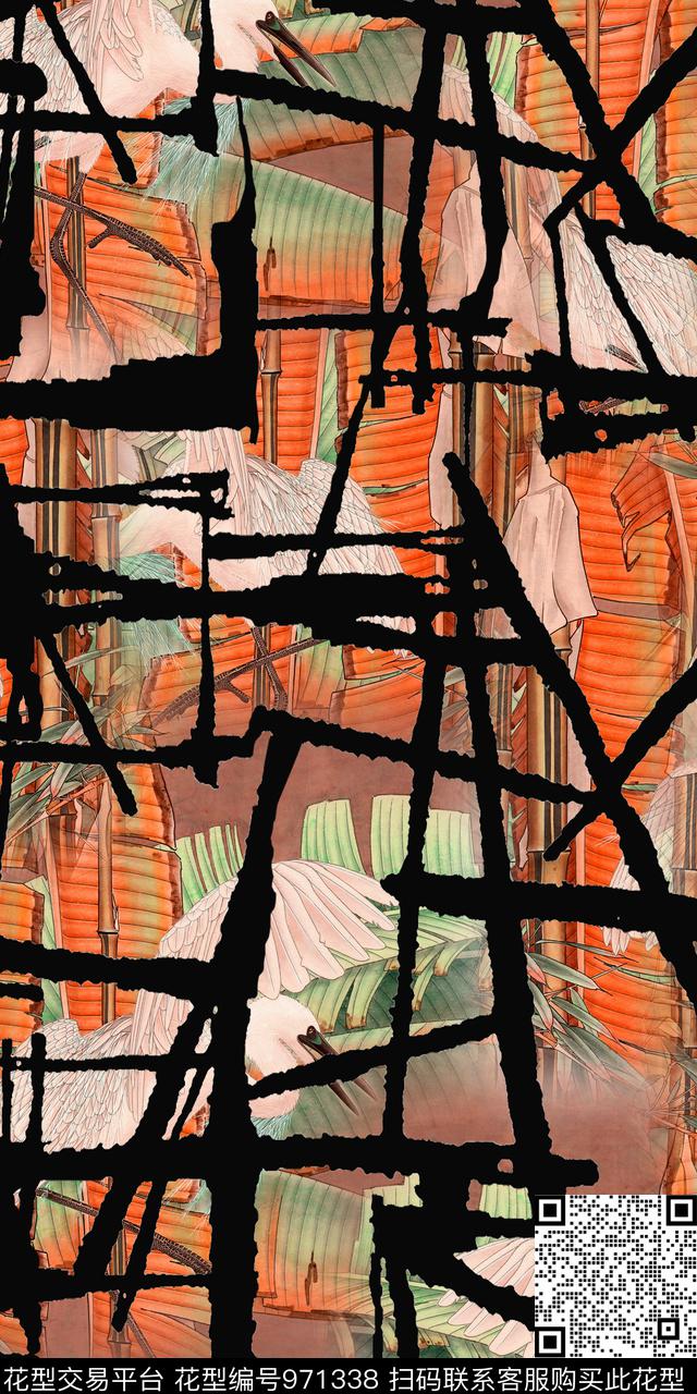 仙鹤几何几何花鸟数码印花华亿平台下载（图片编号: 971338） - 瓦栏（Walan）