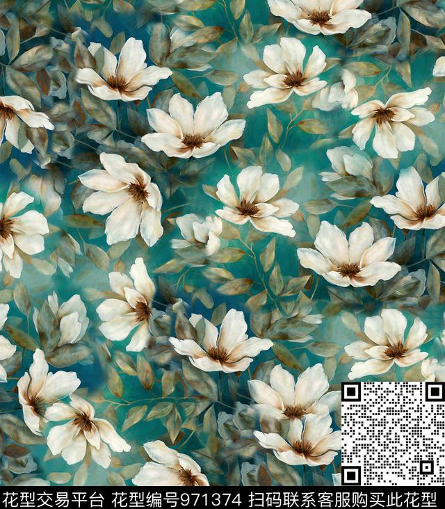 大花花卉香云纱数码印花华亿平台下载（图片编号: 971374） - 瓦栏（Walan）