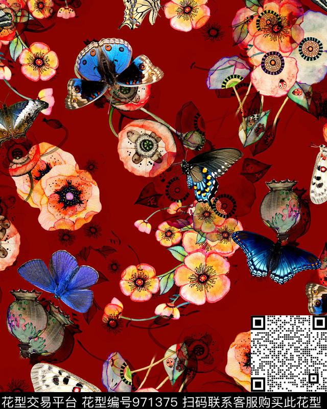 水彩花卉虞美人罂粟花数码印花华亿平台下载（图片编号: 971375） - 瓦栏（Walan）