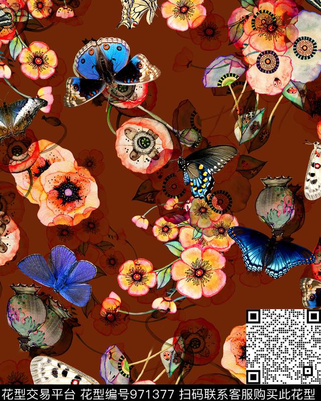 水彩花卉虞美人罂粟花数码印花华亿平台下载（图片编号: 971377） - 瓦栏（Walan）