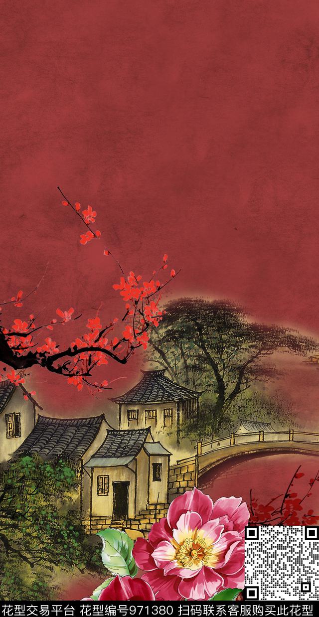梅花中国风定位花牡丹数码印花华亿平台下载（图片编号: 971380） - 瓦栏（Walan）