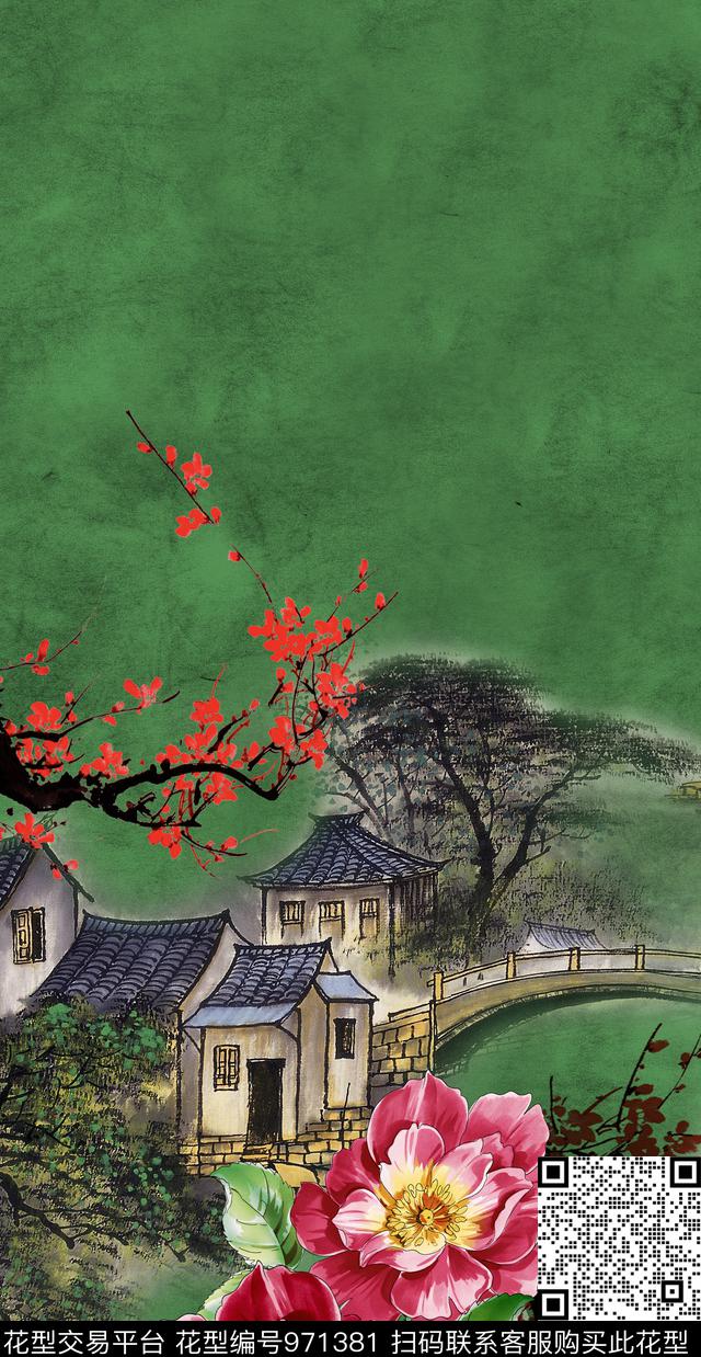 梅花中国风定位花牡丹数码印花华亿平台下载（图片编号: 971381） - 瓦栏（Walan）