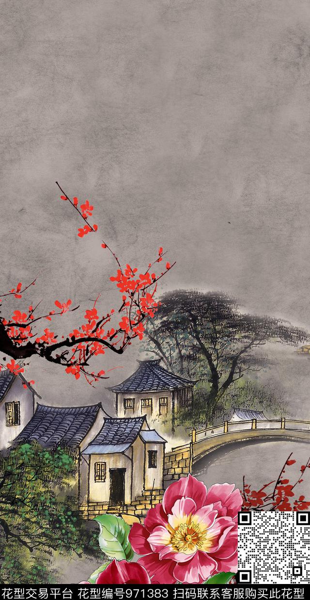 梅花中国风定位花牡丹数码印花华亿平台下载（图片编号: 971383） - 瓦栏（Walan）
