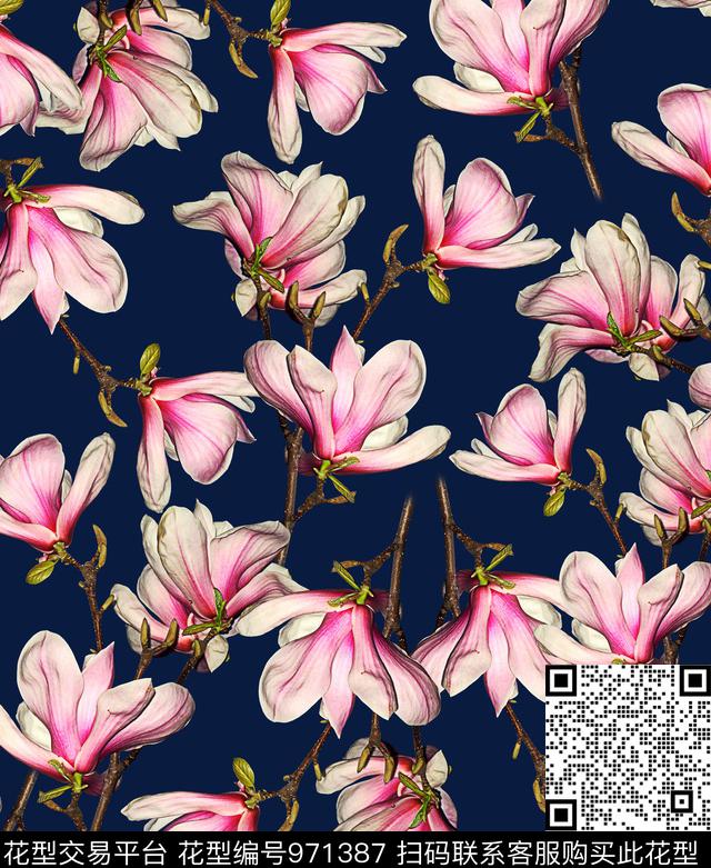 玉兰花花卉大牌风数码印花华亿平台下载（图片编号: 971387） - 瓦栏（Walan）