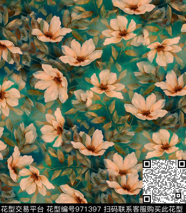 大花花卉香云纱数码印花华亿平台下载（图片编号: 971397） - 瓦栏（Walan）