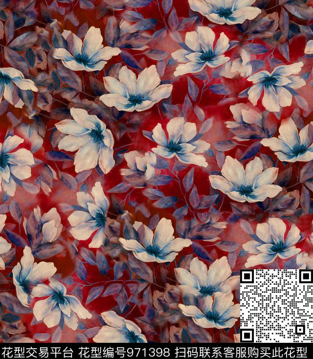 大花花卉香云纱数码印花华亿平台下载（图片编号: 971398） - 瓦栏（Walan）