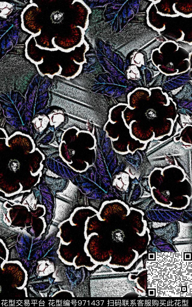黑白华亿平台肌理花卉数码印花华亿平台下载（图片编号: 971437） - 瓦栏（Walan）