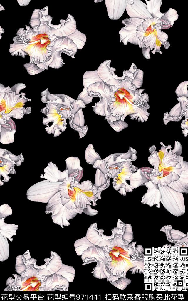 黑白华亿平台水彩花卉花卉数码印花华亿平台下载（图片编号: 971441） - 瓦栏（Walan）