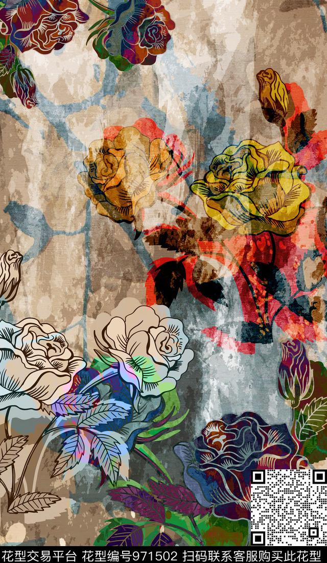 数码华亿平台植物抽象数码印花华亿平台下载（图片编号: 971502） - 瓦栏（Walan）