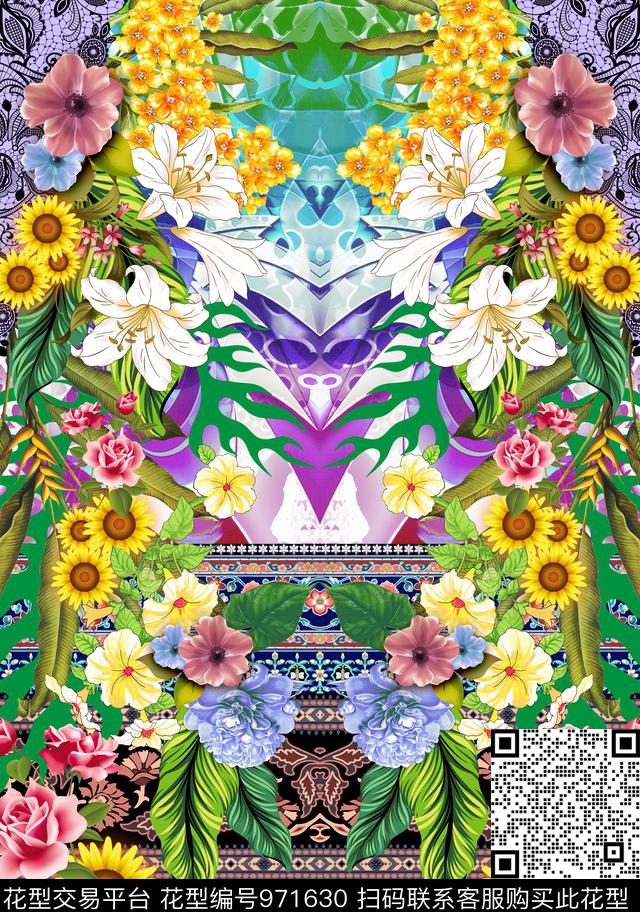 花卉定位花几何数码印花华亿平台下载（图片编号: 971630） - 瓦栏（Walan）