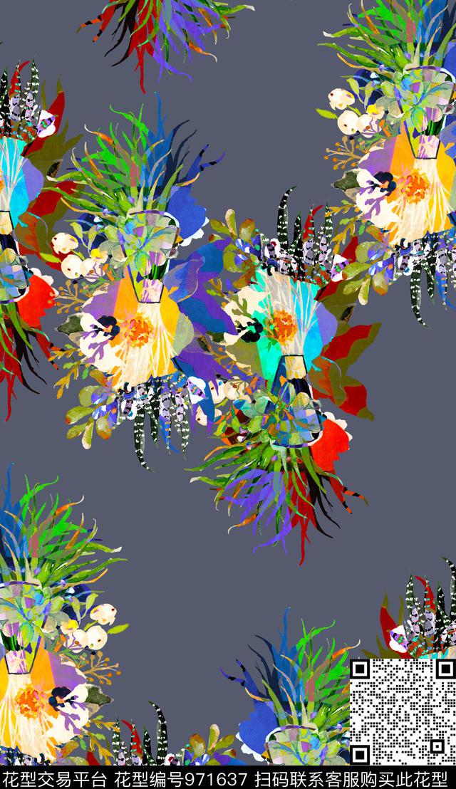 数码华亿平台植物抽象数码印花华亿平台下载（图片编号: 971637） - 瓦栏（Walan）