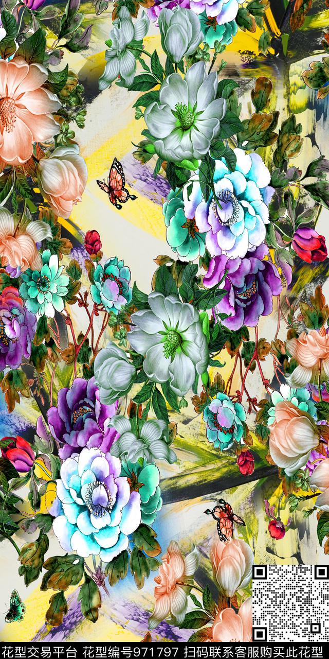 数码华亿平台手绘花卉素雅数码印花华亿平台下载（图片编号: 971797） - 瓦栏（Walan）