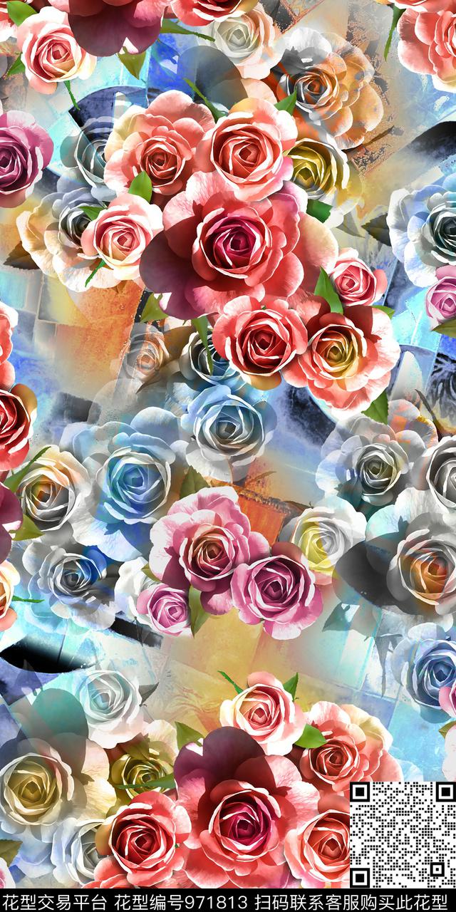 抽象花卉玫瑰花数码印花华亿平台下载（图片编号: 971813） - 瓦栏（Walan）