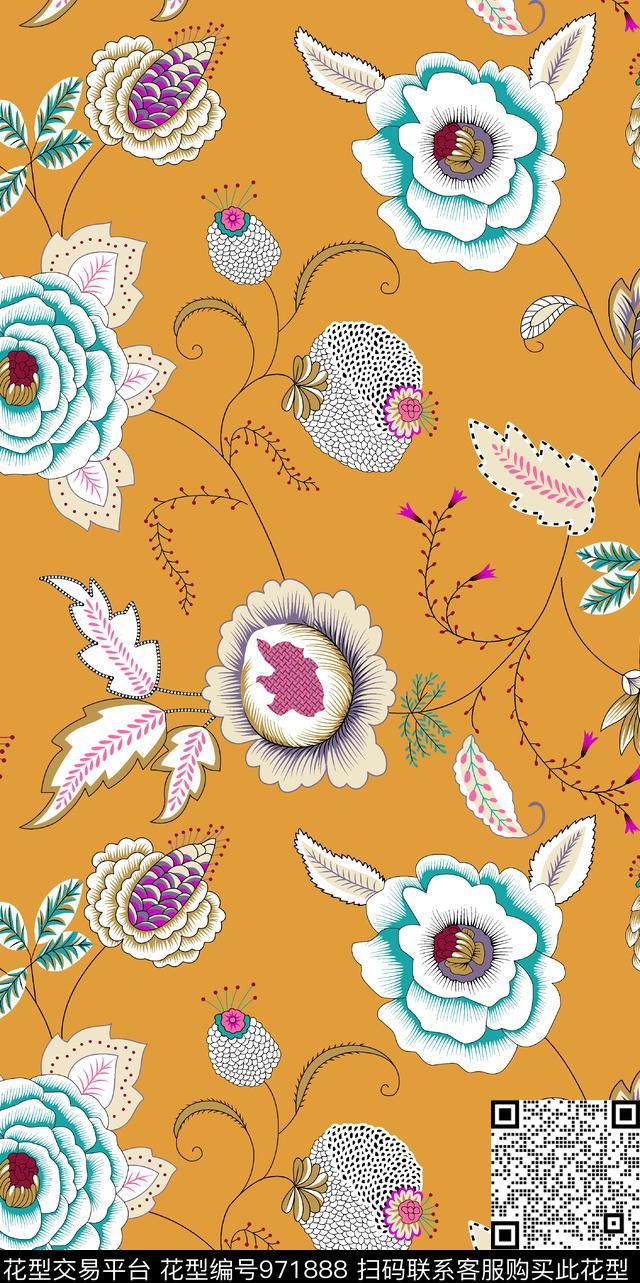 春夏华亿平台清爽底花卉几何花卉数码印花华亿平台下载（图片编号: 971888） - 瓦栏（Walan）