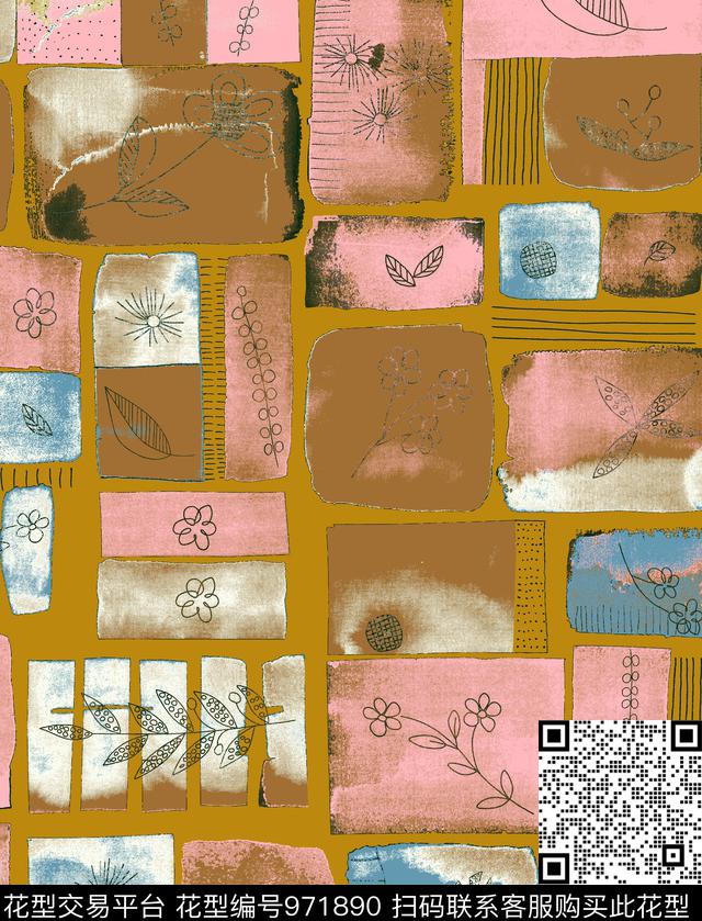 春夏华亿平台清爽底花卉几何花卉数码印花华亿平台下载（图片编号: 971890） - 瓦栏（Walan）
