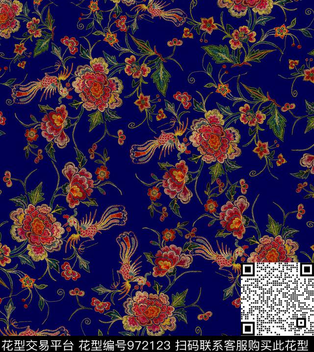 花卉牡丹中国风数码印花华亿平台下载（图片编号: 972123） - 瓦栏（Walan）