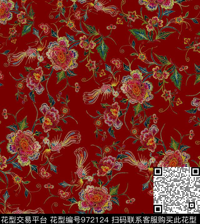 花卉牡丹中国风数码印花华亿平台下载（图片编号: 972124） - 瓦栏（Walan）