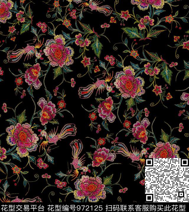 花卉牡丹中国风数码印花华亿平台下载（图片编号: 972125） - 瓦栏（Walan）