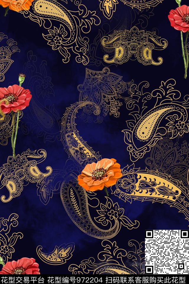 虞美人线条画佩斯里数码印花华亿平台下载（图片编号: 972204） - 瓦栏（Walan）