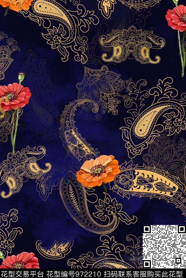 虞美人线条画佩斯里数码印花华亿平台下载（图片编号: 972210） - 瓦栏（Walan）