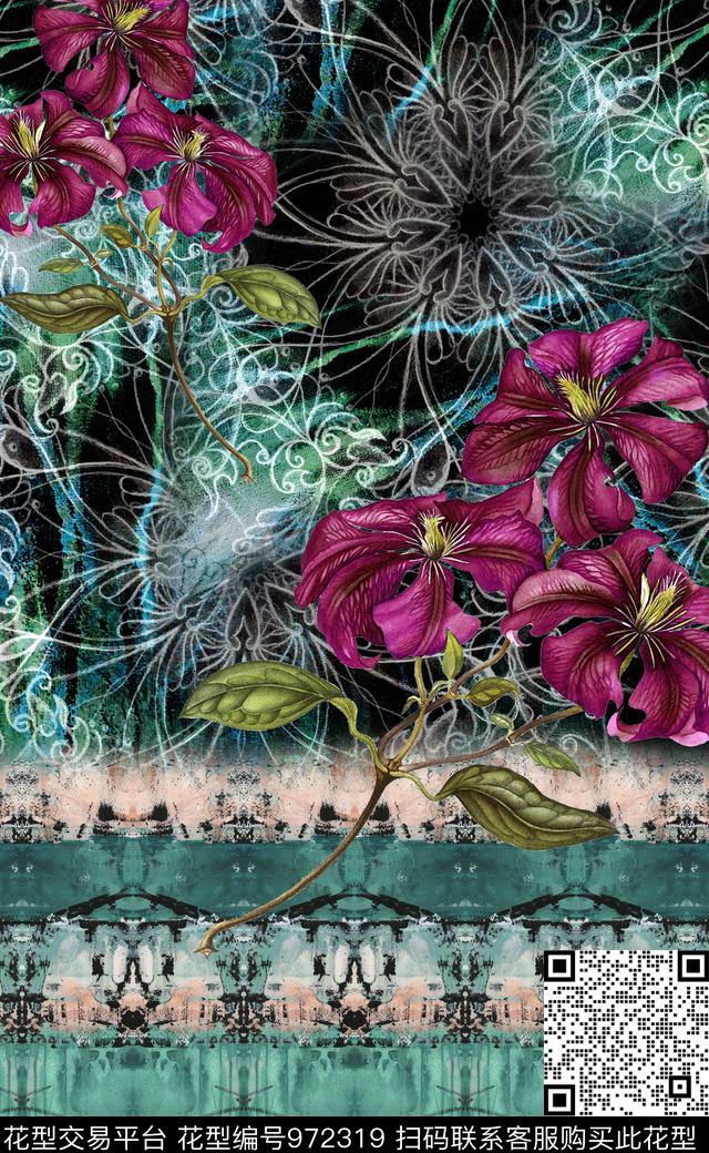 民族风抽象花卉数码印花华亿平台下载（图片编号: 972319） - 瓦栏（Walan）