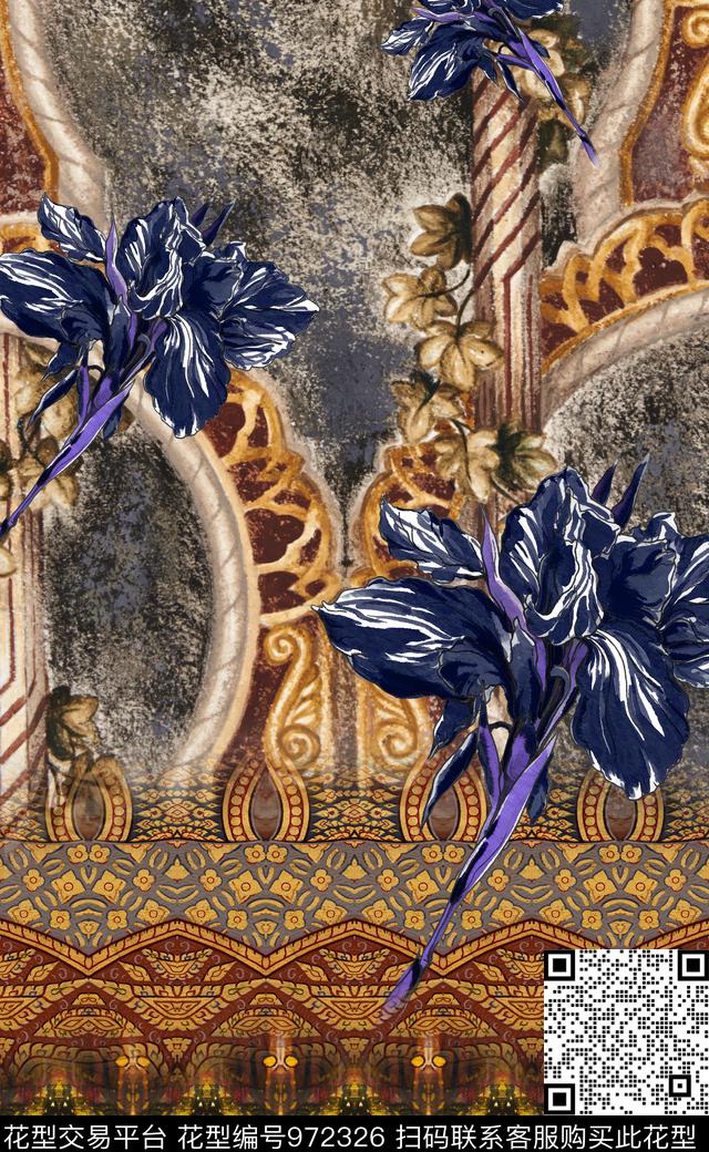 民族风抽象花卉数码印花华亿平台下载（图片编号: 972326） - 瓦栏（Walan）