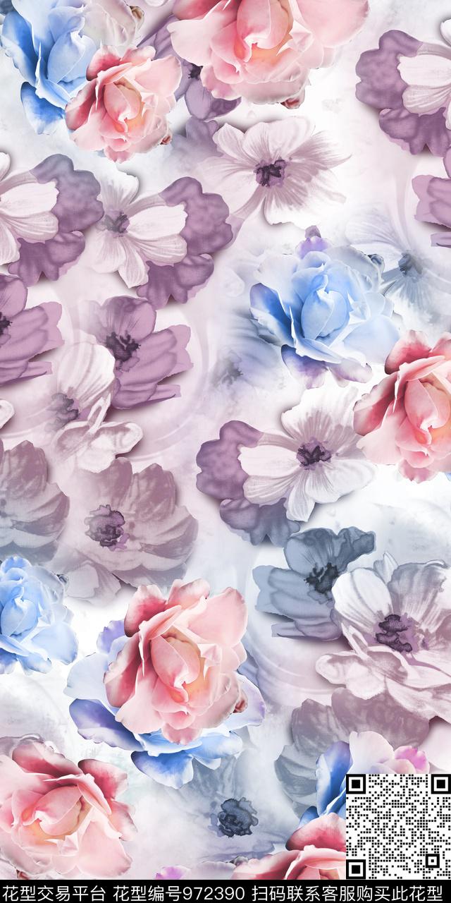 数码华亿平台水彩花卉花卉数码印花华亿平台下载（图片编号: 972390） - 瓦栏（Walan）