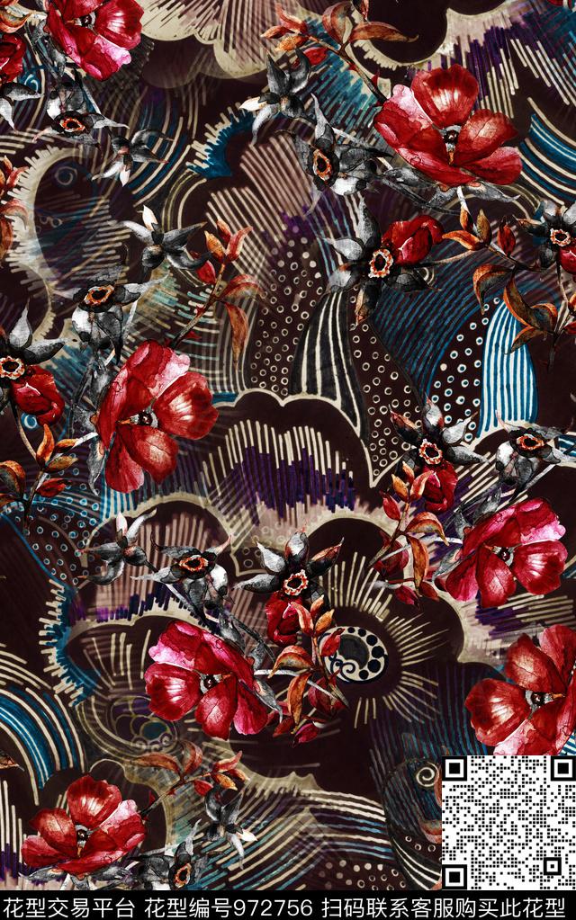 民族风抽象花卉数码印花华亿平台下载（图片编号: 972756） - 瓦栏（Walan）
