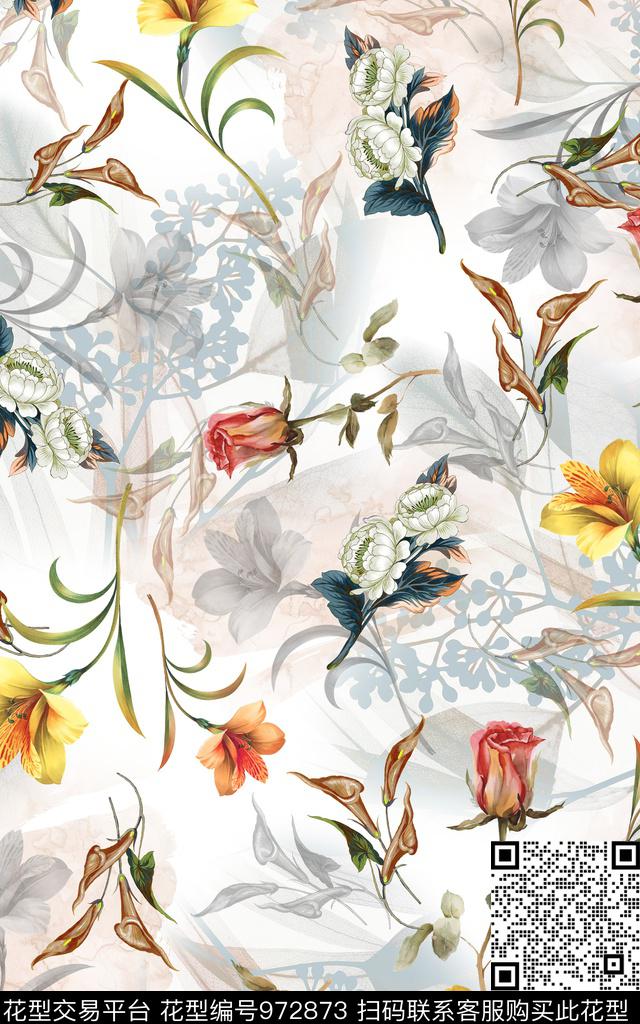 数码华亿平台手绘花卉清爽底花卉数码印花华亿平台下载（图片编号: 972873） - 瓦栏（Walan）