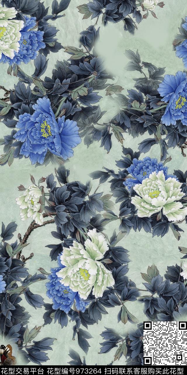 手绘花卉复古花鸟数码印花华亿平台下载（图片编号: 973264） - 瓦栏（Walan）