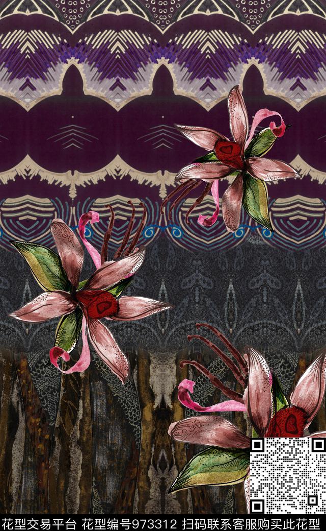 民族风抽象花卉数码印花华亿平台下载（图片编号: 973312） - 瓦栏（Walan）