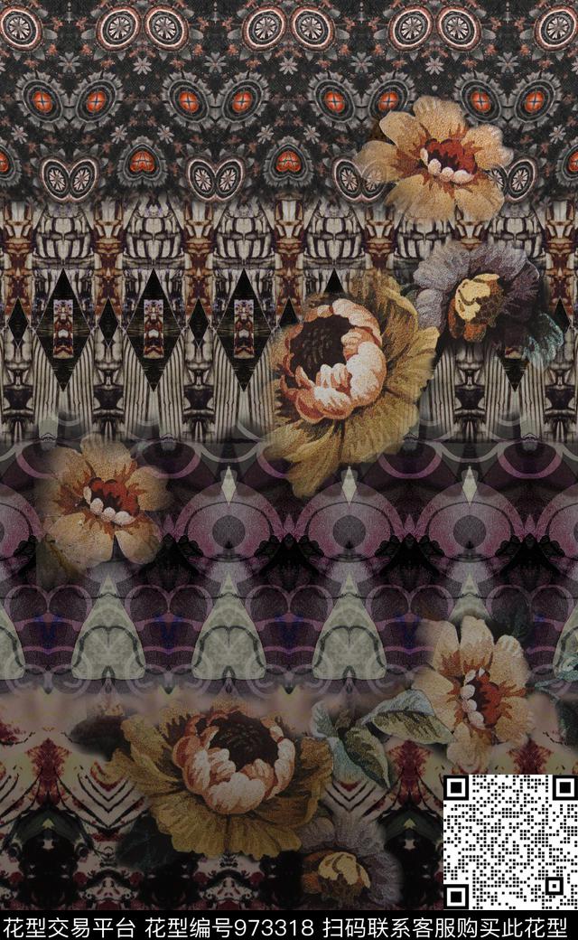 民族风抽象花卉数码印花华亿平台下载（图片编号: 973318） - 瓦栏（Walan）