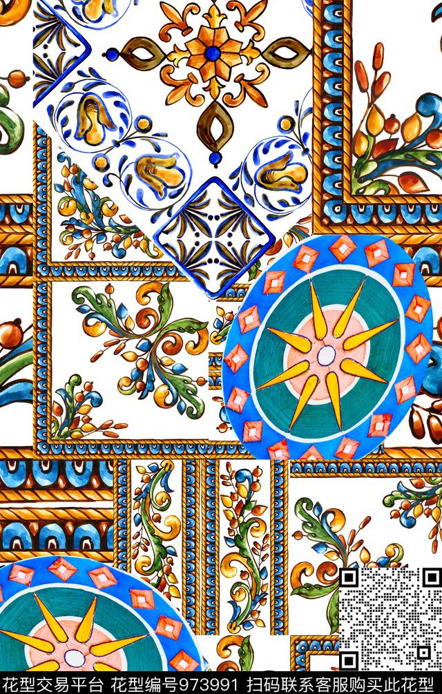 波西米亚地砖花纹数码印花华亿平台下载（图片编号: 973991） - 瓦栏（Walan）
