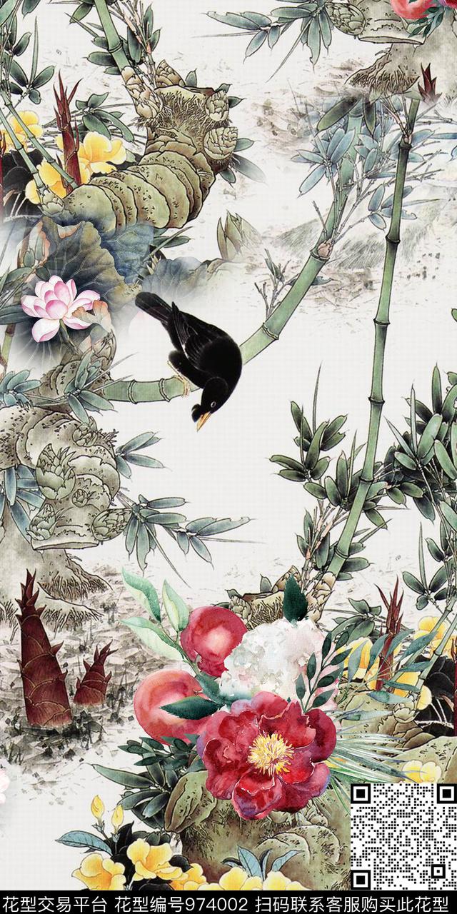 花鸟数码华亿平台水墨风数码印花华亿平台下载（图片编号: 974002） - 瓦栏（Walan）