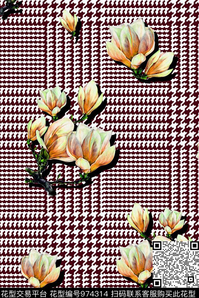 格子玉兰花花卉数码印花华亿平台下载（图片编号: 974314） - 瓦栏（Walan）