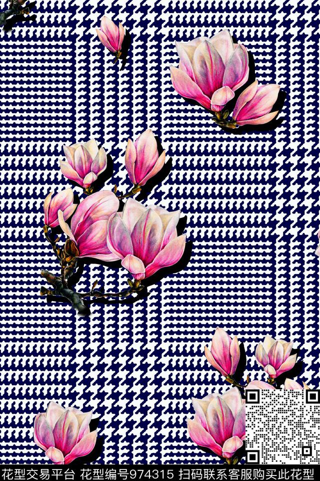 格子玉兰花花卉数码印花华亿平台下载（图片编号: 974315） - 瓦栏（Walan）