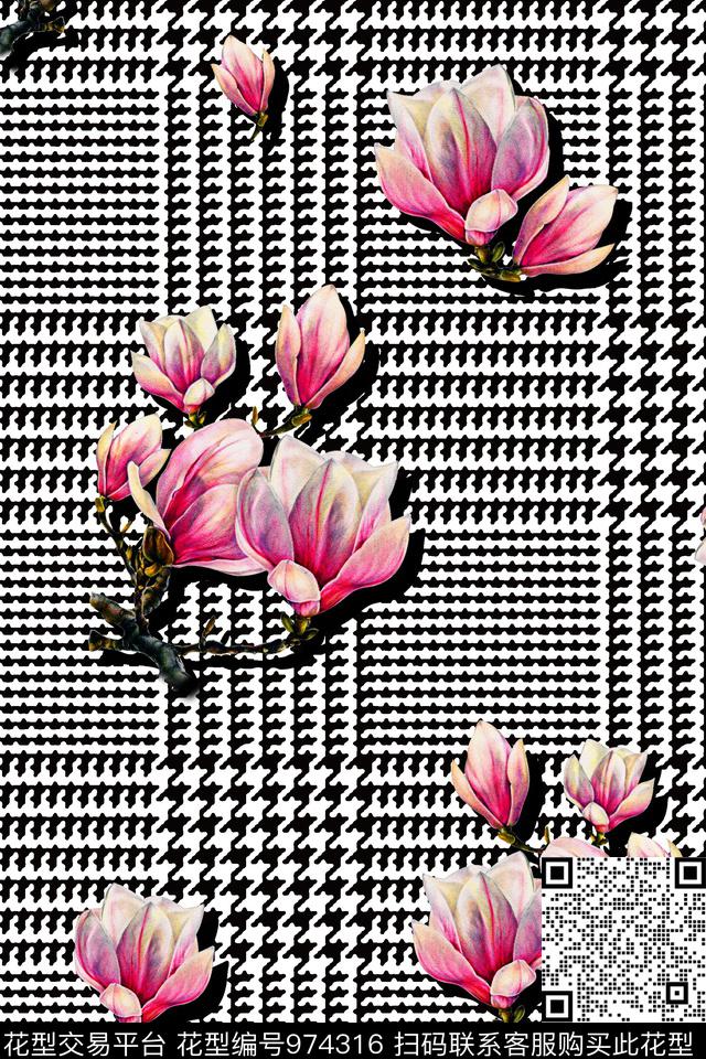 格子玉兰花花卉数码印花华亿平台下载（图片编号: 974316） - 瓦栏（Walan）