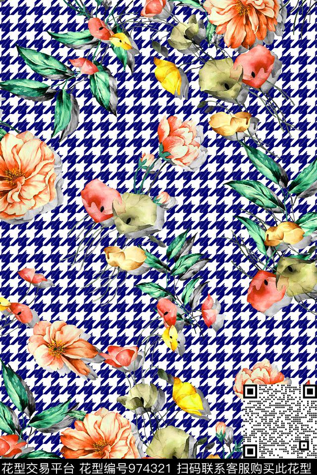 手绘花卉花卉千鸟格数码印花华亿平台下载（图片编号: 974321） - 瓦栏（Walan）