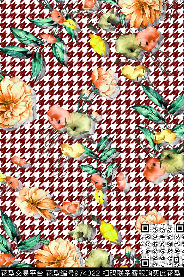 手绘花卉花卉千鸟格数码印花华亿平台下载（图片编号: 974322） - 瓦栏（Walan）