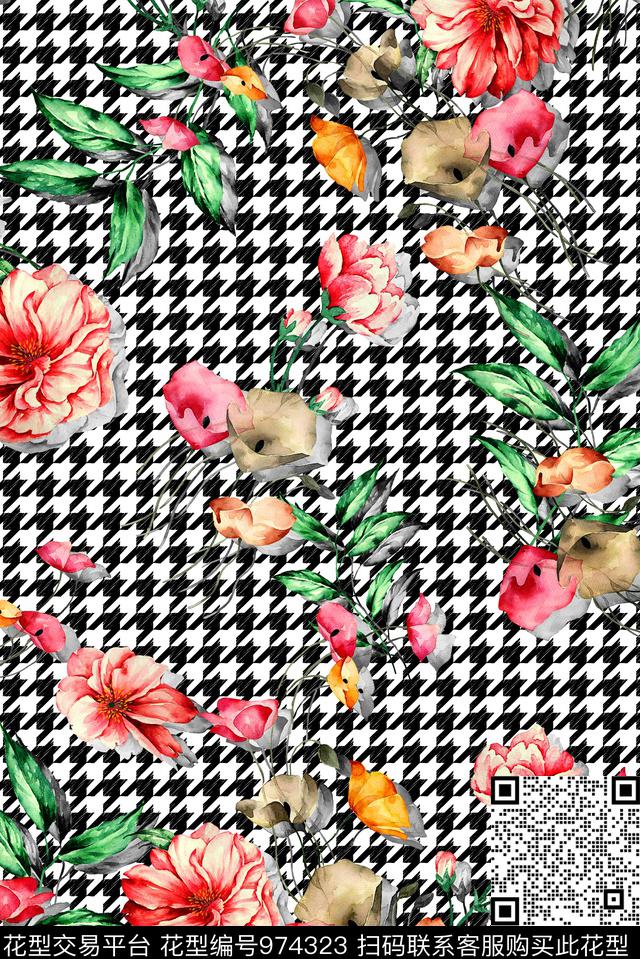 手绘花卉花卉千鸟格数码印花华亿平台下载（图片编号: 974323） - 瓦栏（Walan）