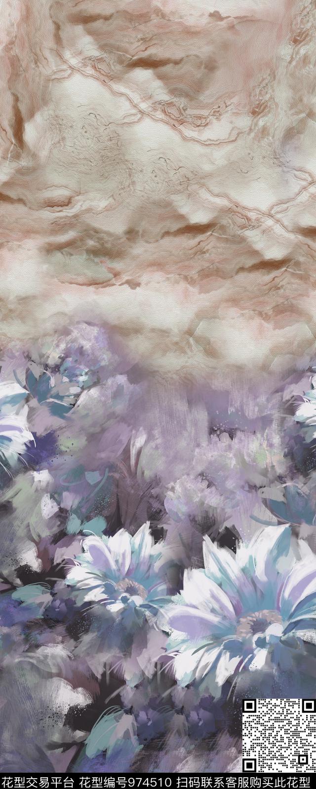肌理手绘花卉水墨风数码印花华亿平台下载（图片编号: 974510） - 瓦栏（Walan）