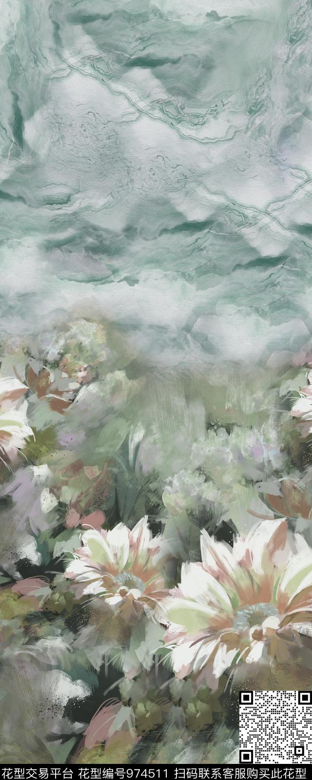 肌理手绘花卉水墨风数码印花华亿平台下载（图片编号: 974511） - 瓦栏（Walan）