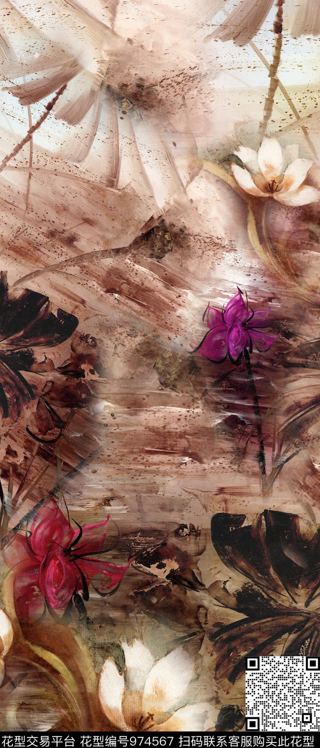 中国风肌理手绘花卉数码印花华亿平台下载（图片编号: 974567） - 瓦栏（Walan）