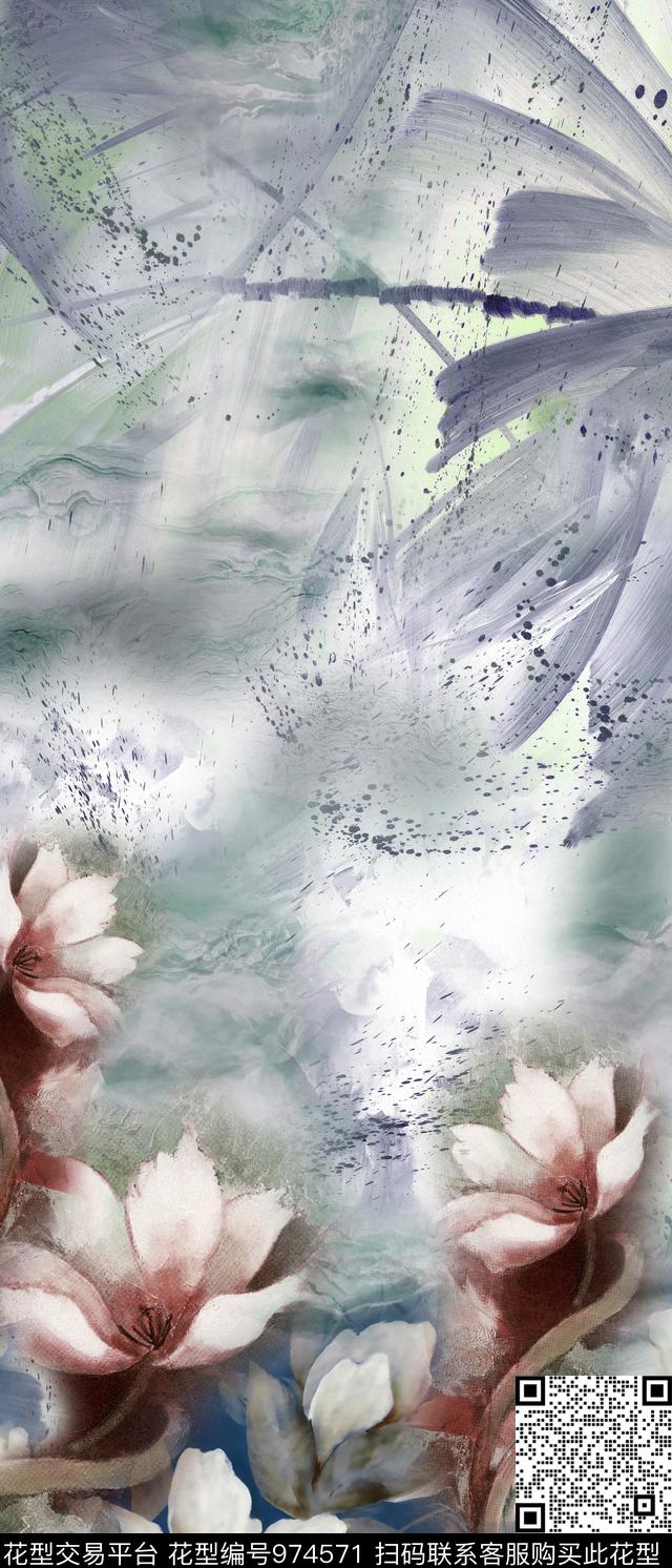 中国风肌理手绘花卉数码印花华亿平台下载（图片编号: 974571） - 瓦栏（Walan）