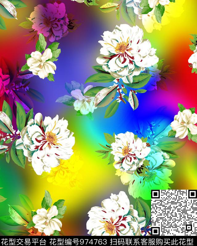 手绘花卉时尚潮流抽象纹数码印花华亿平台下载（图片编号: 974763） - 瓦栏（Walan）
