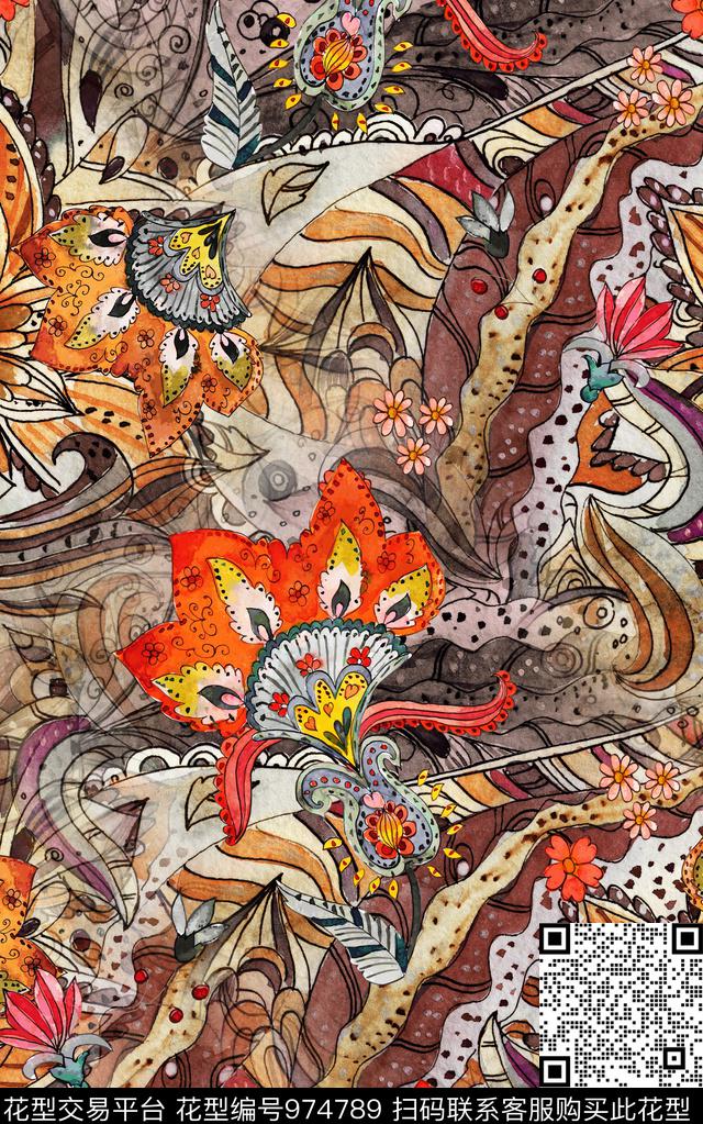民族风抽象花卉数码印花华亿平台下载（图片编号: 974789） - 瓦栏（Walan）